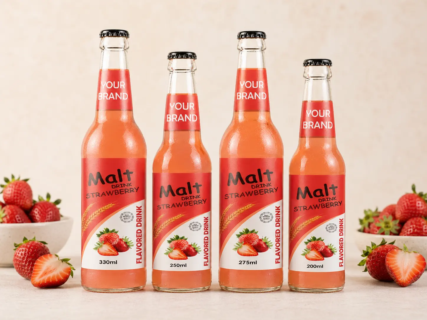 MALT DRINK Strawberry flavour in 330ml, 250ml, 275ml, and 200ml glass bottles.